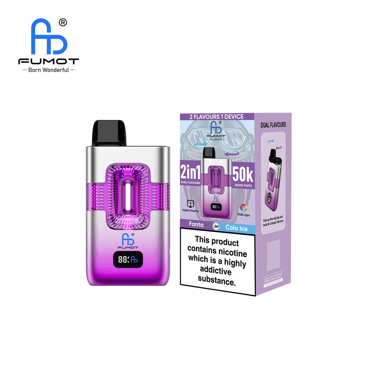 single device and retail box for fumot eco 2 in 1 50k fanta cola ice