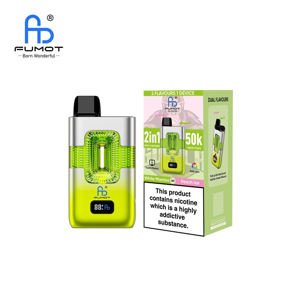single device and retail box for fumot eco 2 in 1 50k peach ice white mamba