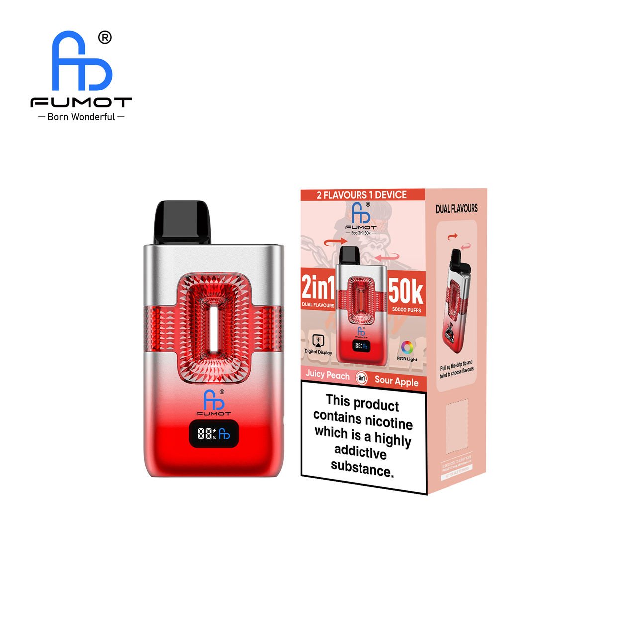 single device and retail box for fumot eco 2 in 1 50k sour apple juicy peach