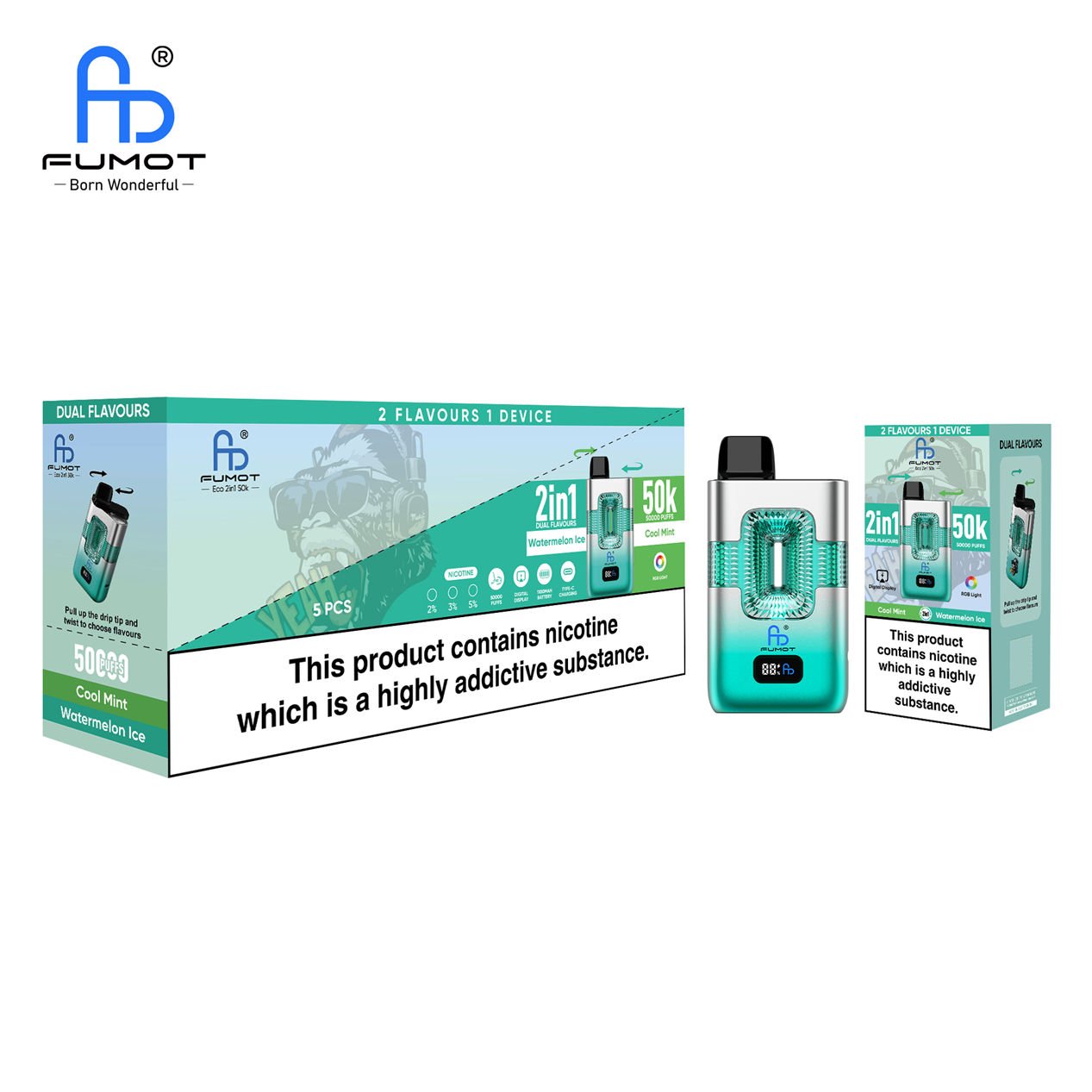 wholesale 10 pack display box of fumot eco 2 in 1 50k cool mint watermelon ice