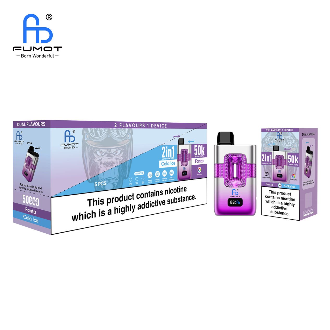 wholesale 10 pack display box of fumot eco 2 in 1 50k fanta cola ice