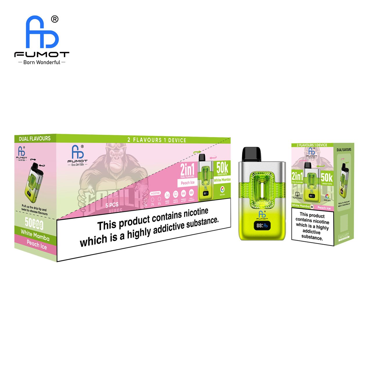 wholesale 10 pack display box of fumot eco 2 in 1 50k peach ice white mamba