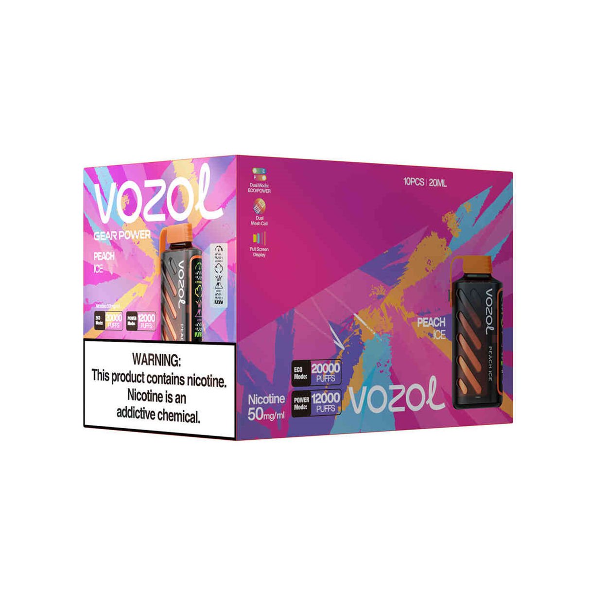 caixa de exposição por atacado de 10 pacotes de vozol gear power 20000 peach ice
