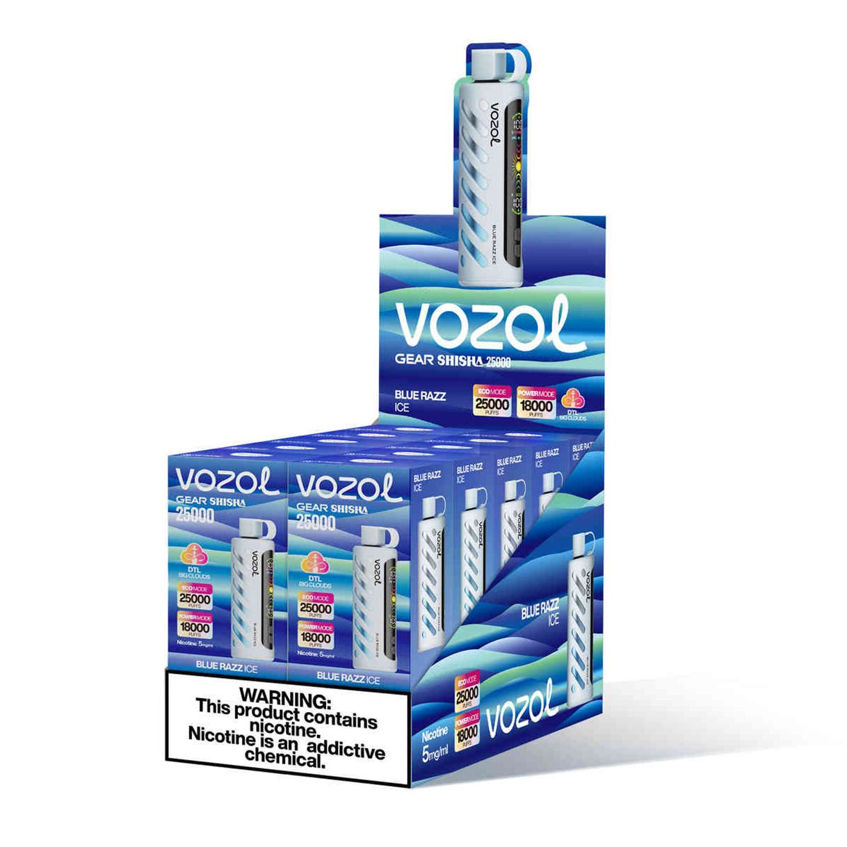 caixa de exposição por atacado de 10 pacotes de vozol gear shisha 25000 blue razz ice
