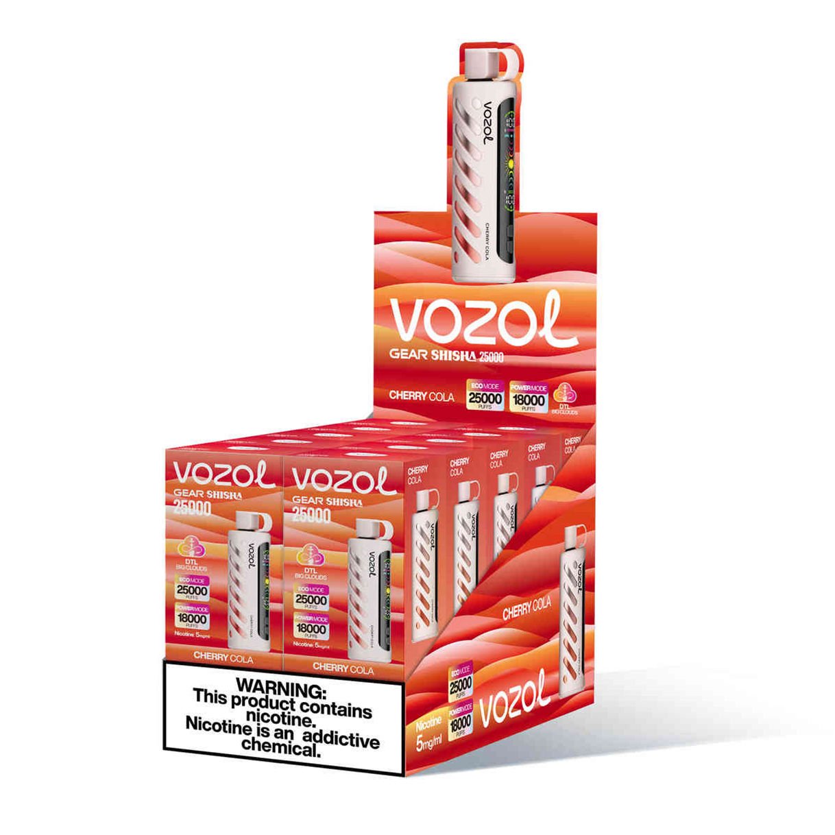 caixa expositora de 10 pacotes de vozol gear shisha 25000 cherry cola