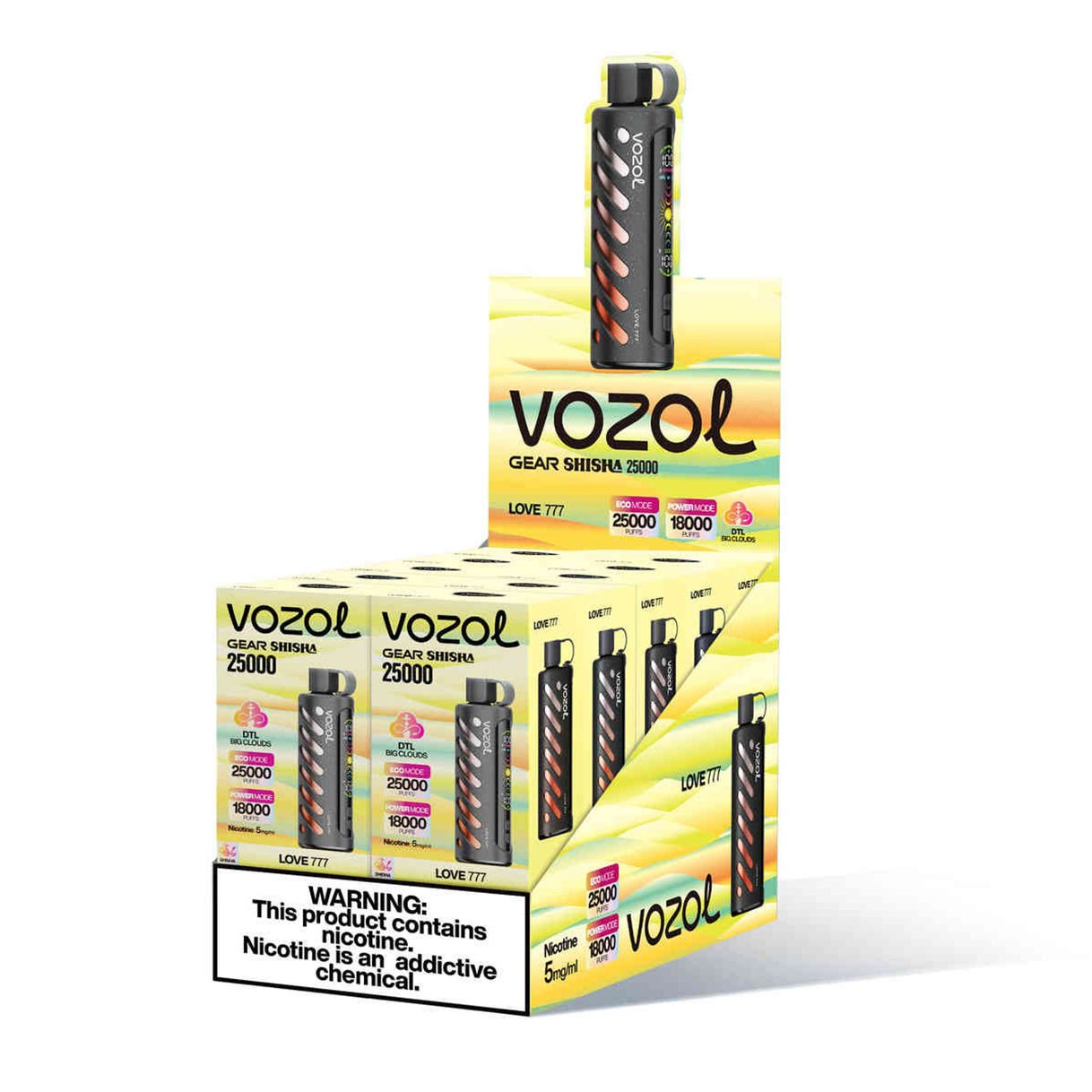 caixa de exposição por atacado de 10 pacotes de vozol gear shisha 25000 love 777