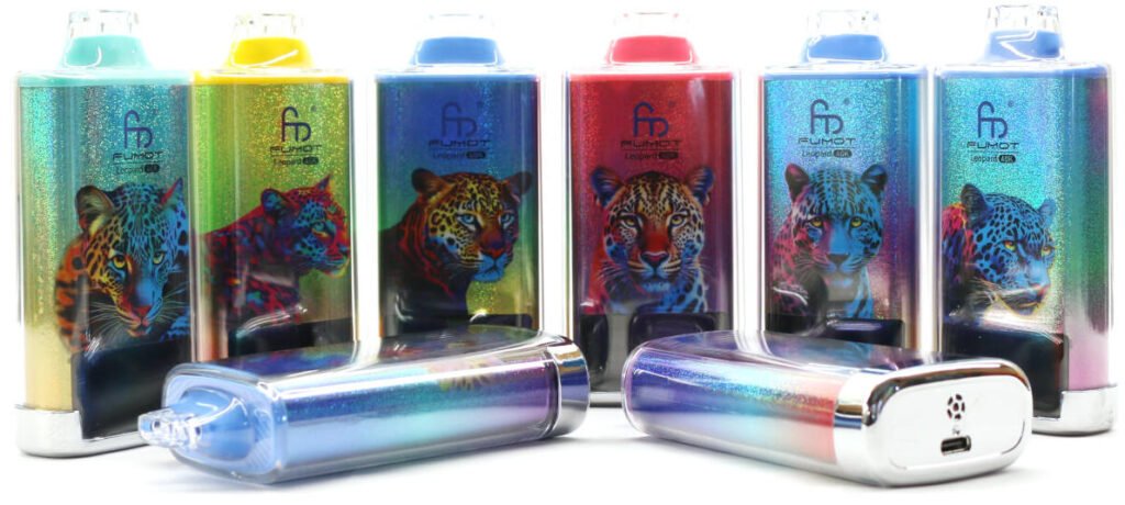 8 different fumot leopard 40k flavors displayed on a table