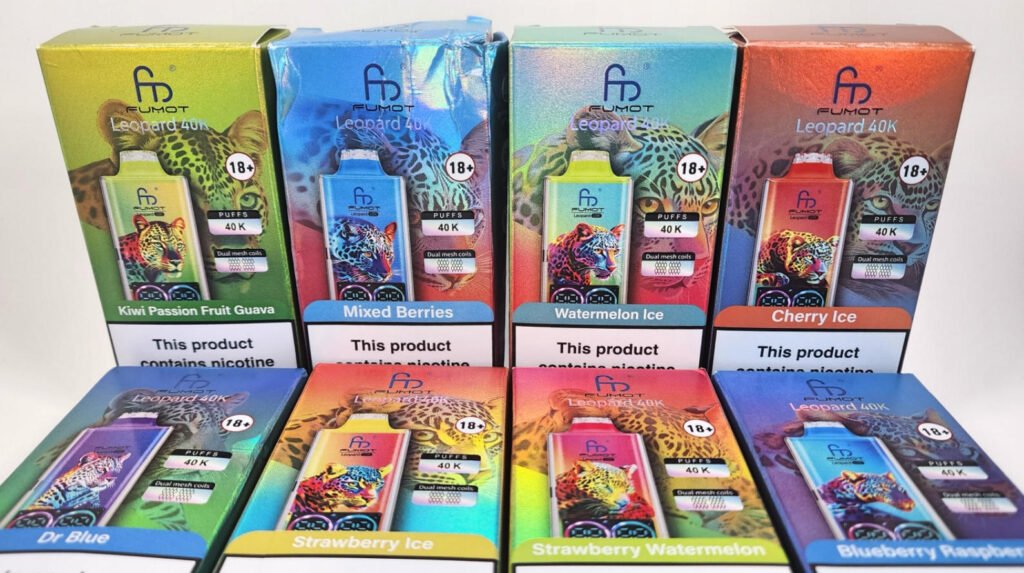 packaging boxes for 8 different fumot leopard 40k flavors