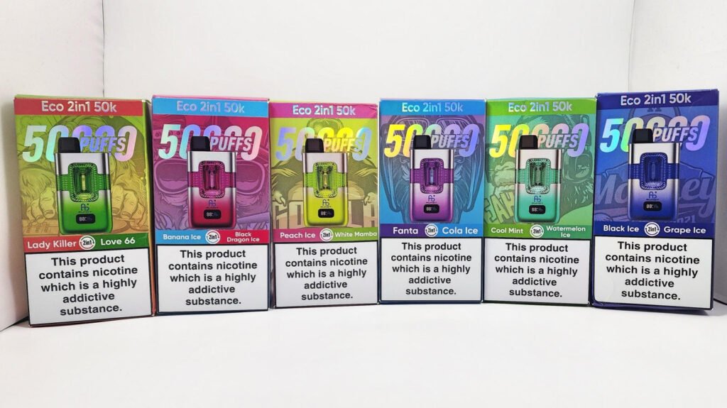 six fumot eco 2in1 50k packaging boxes in different flavors on a table six fumot eco 2in1 50k packaging boxes in different flavors on a table