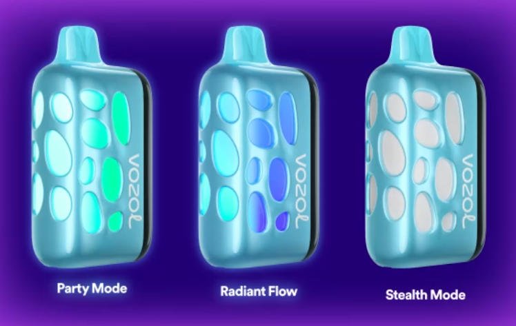 drie lichtmodi van vozol rave 40000 waaronder feestmodus, stralende stroom en stealth-modus
