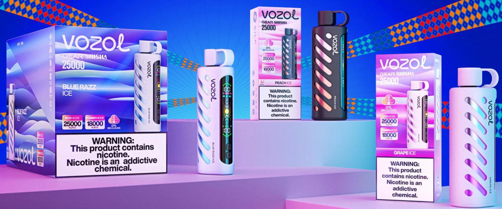 dois sabores de dispositivos vozol gear shisha 25000 ao lado das respectivas caixas de embalagem oficial do produto
