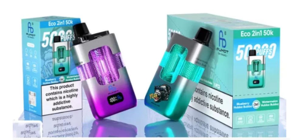 two fumot eco 2in1 50k devices in different flavors and their packaging boxes