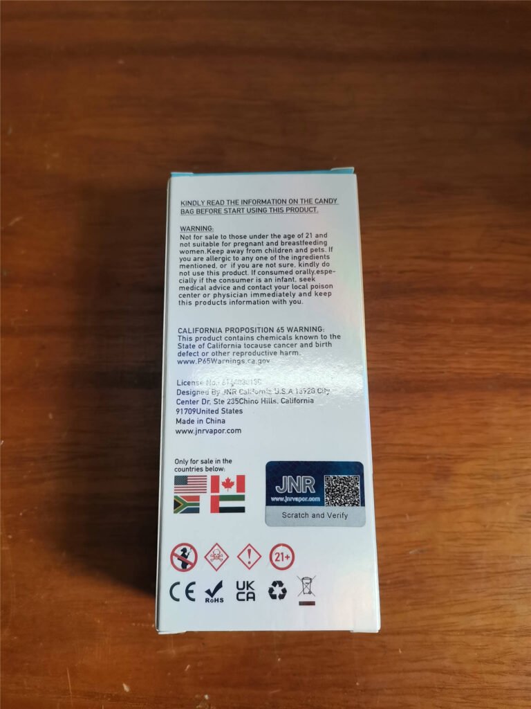 back cover of the jnr falcon x 18k packaging box displaying detailed information and compliance labels