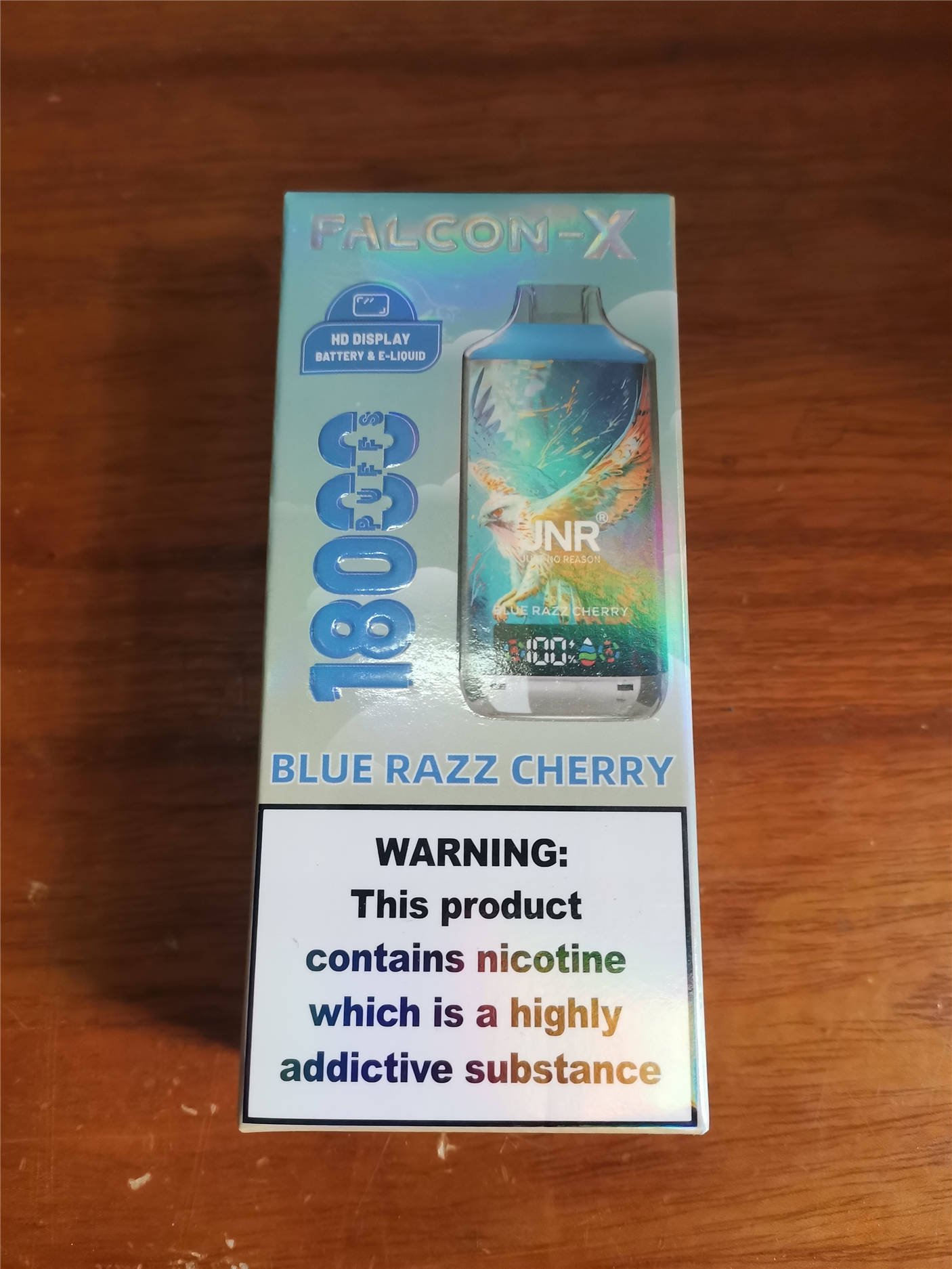 front view of the jnr falcon x 18k packaging box showing product branding and design