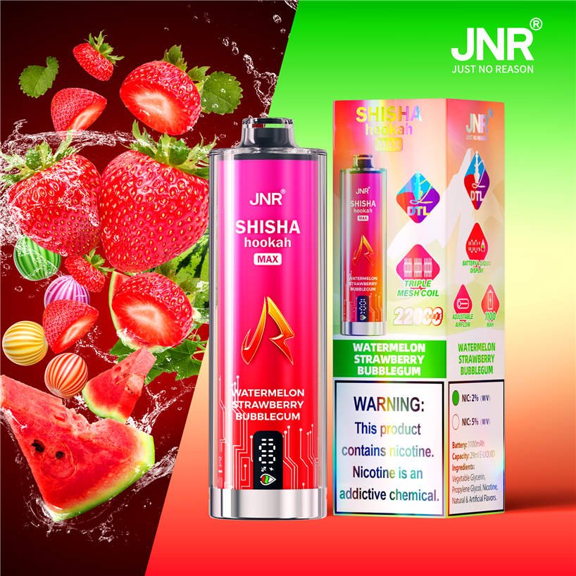 jnr shisha max 22000 watermelon strawberry bubblegum and packaging box
