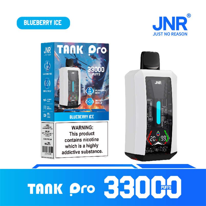 jnr tank pro 33000 blueberry ice device and descriptive product packaging