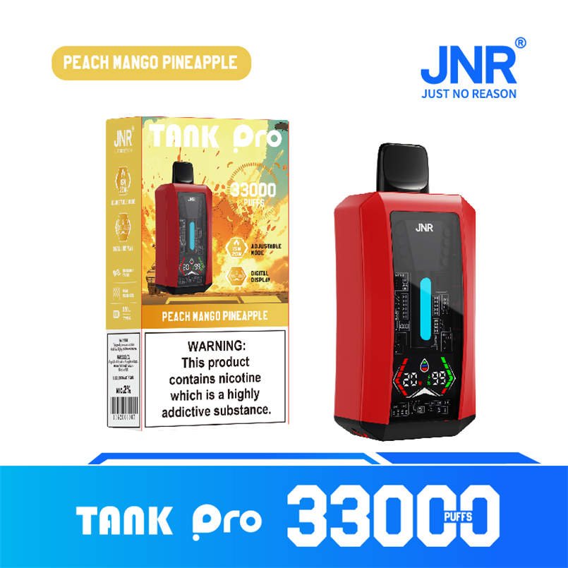 jnr tank pro 33000 peach mango pineapple device and descriptive product packaging
