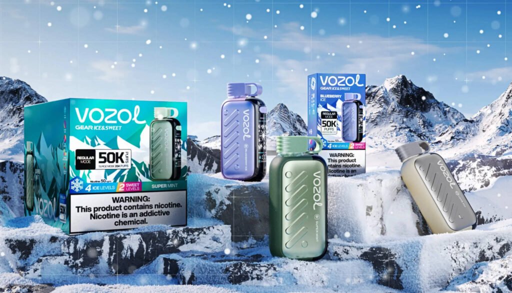 three different flavors of vozol gear 50000 vapes alongside two retail boxes