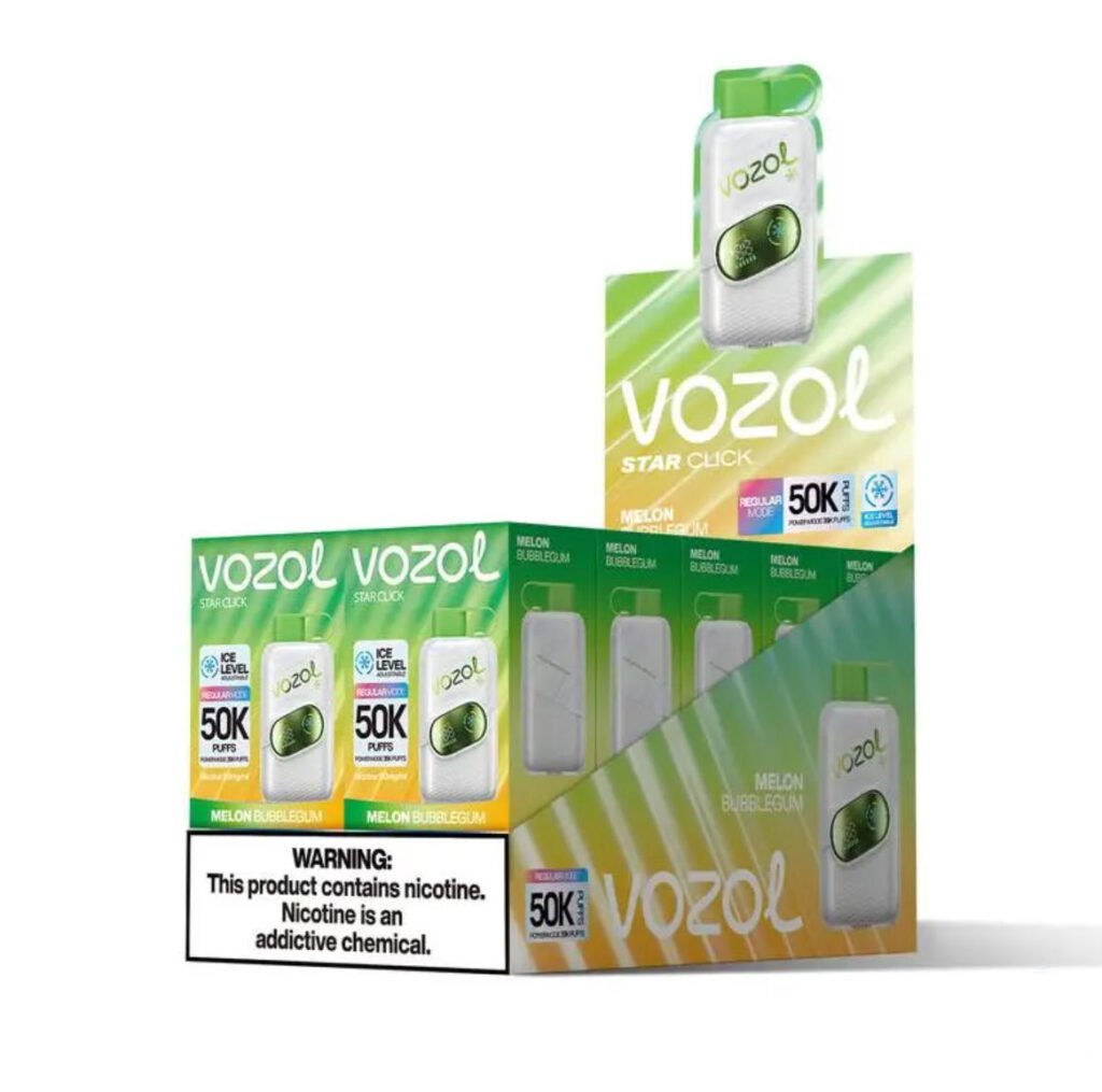 vozol star click 50k melon bubblegum, scatola di imballaggio al dettaglio e scatola di esposizione da 10 pacchetti