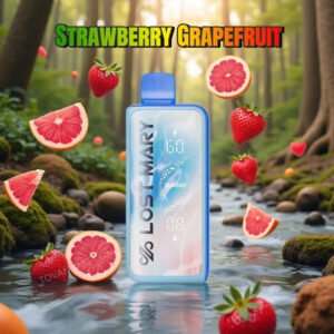 a bright product shot of the lost mary mt50k strawberry grapefruit, surrounded by whole red strawberries and juicy grapefruit wedges
