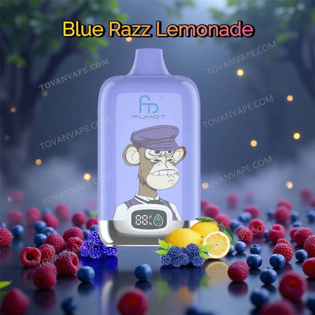 a close up of fumot digital box 12000 blue razz lemonade vape, decorated with fresh blue raspberries and sliced lemons