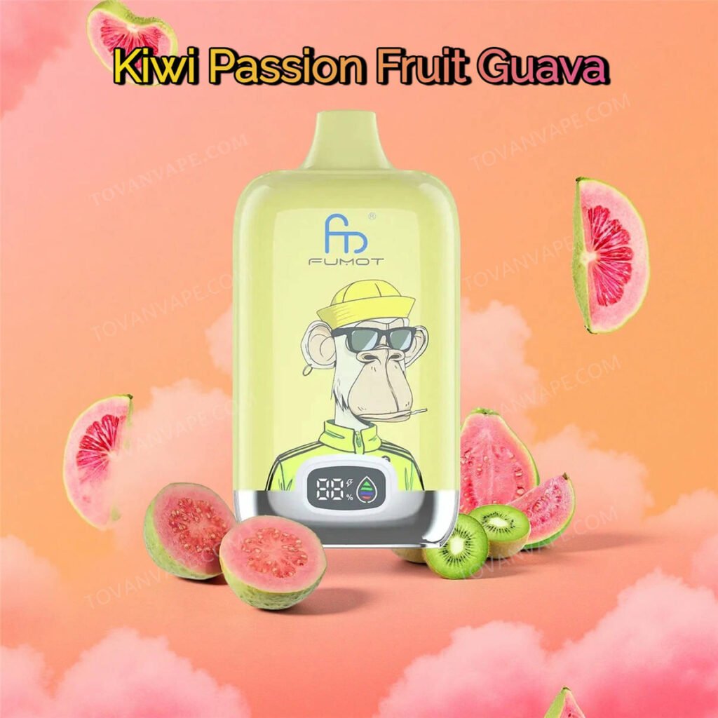 a close up of the fumot digital box 12000 kiwi passionfruit guava vape, surrounded by fresh kiwi, tropical passionfruit, and guava slices