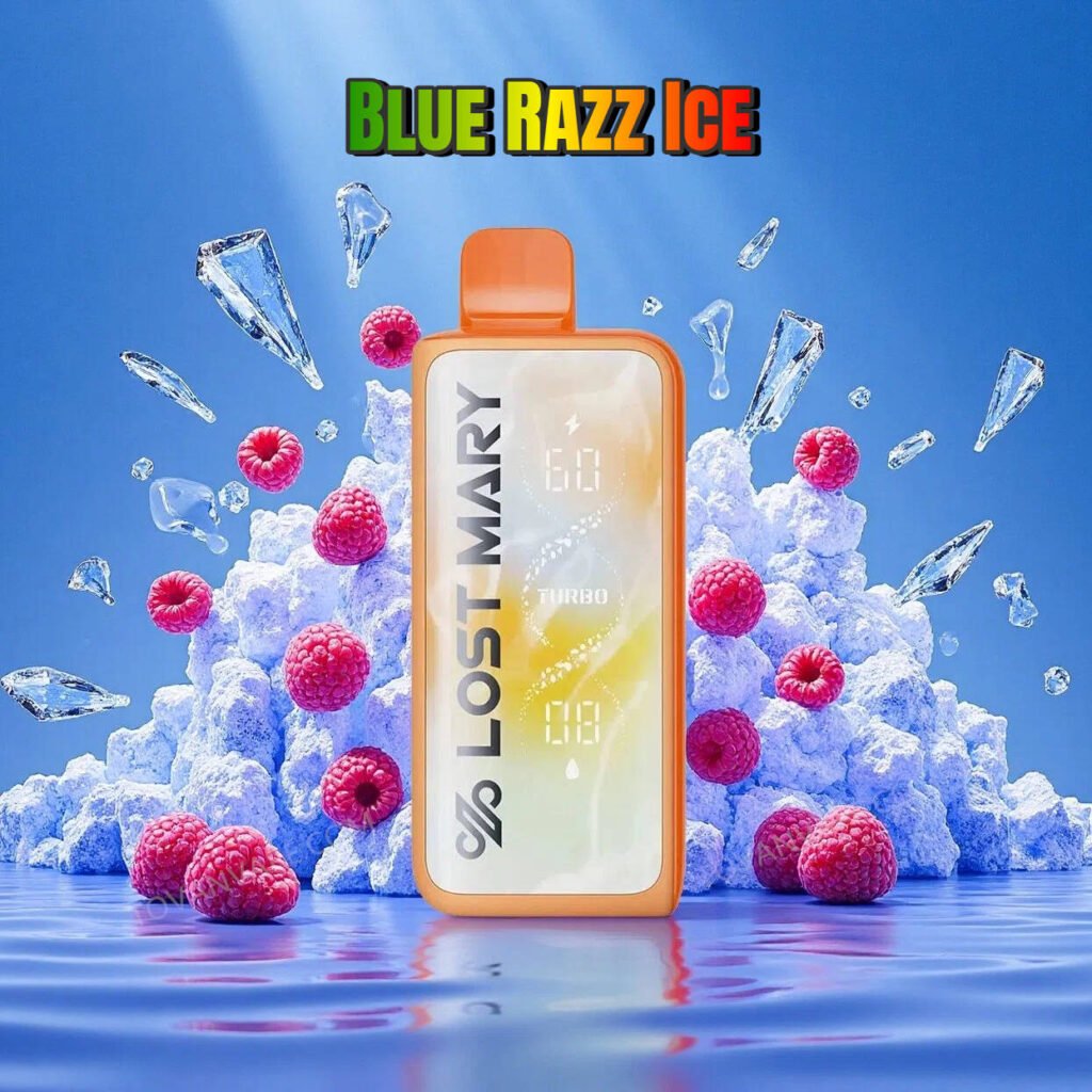 a close up of the lost mary mt50k blue razz ice, surrounded by fresh blue raspberries and cold ice cubes