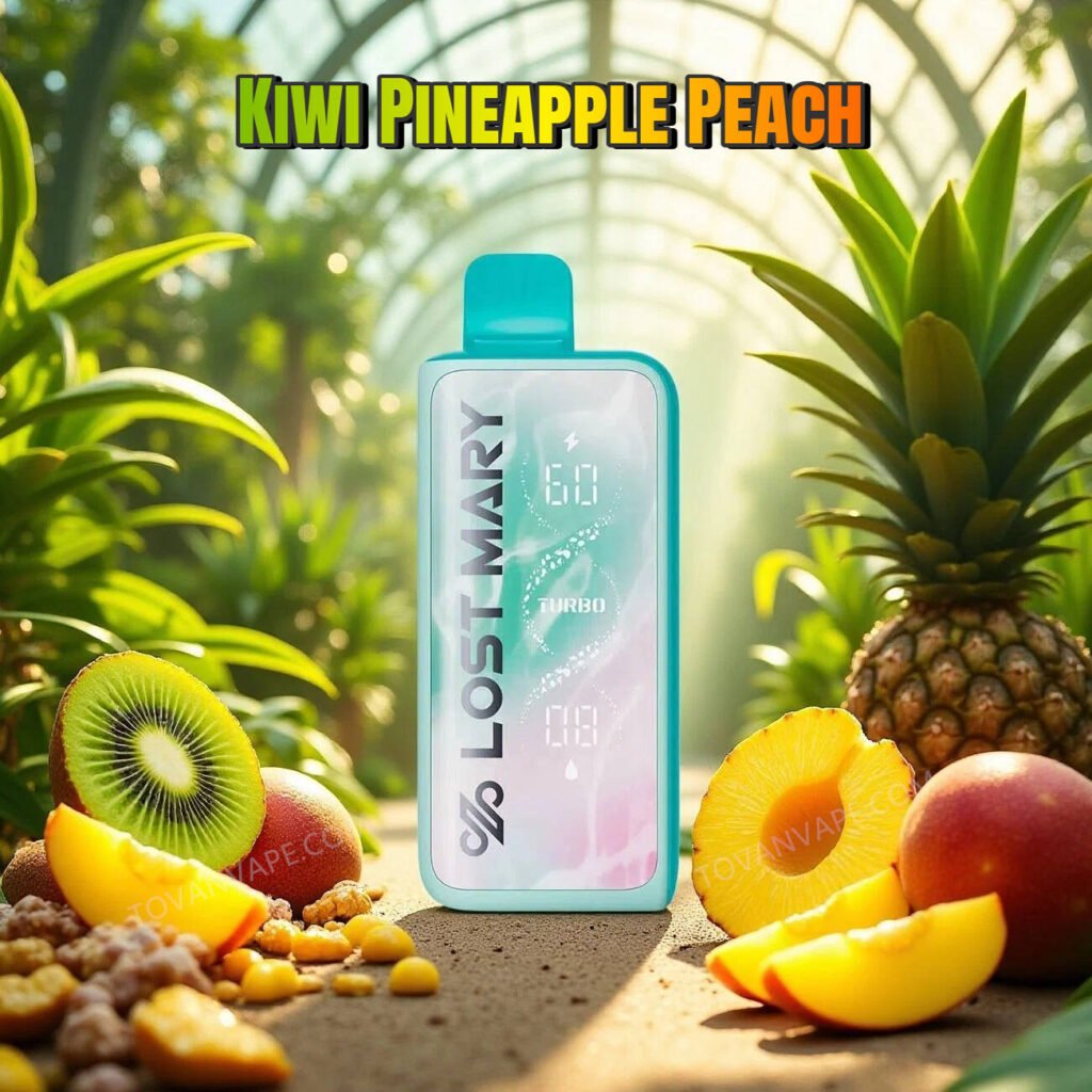 a front view of the lost mary mt50k kiwi pineapple peach, sitting right in the middle of cut kiwis, sweet pineapples, and fresh peaches
