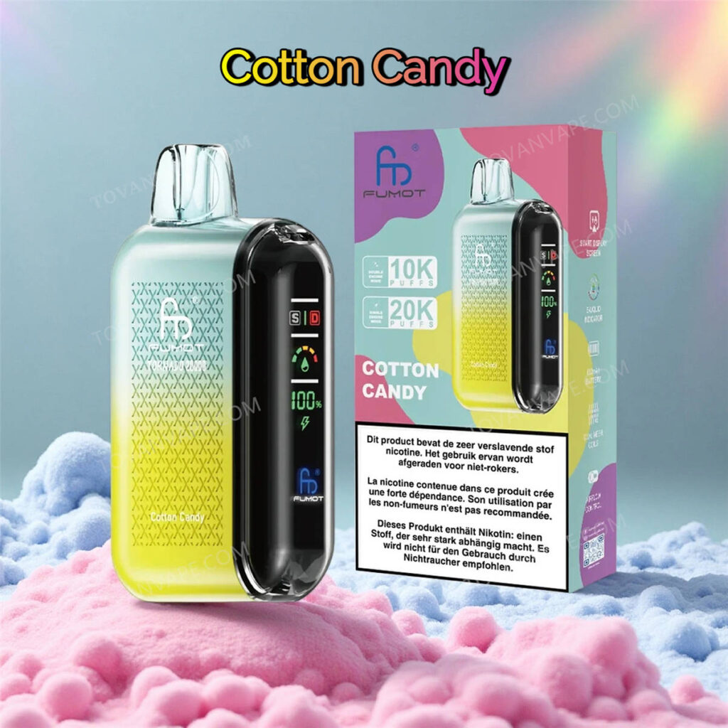 vozol star click 50k, saveur grape ice, présenté avec des raisins violets et de la glace pilée en arrière-plan une cigarette électronique fumot tornado 20k présentant l'option cotton candy, décorée d'un motif rose duveteux cotton candy