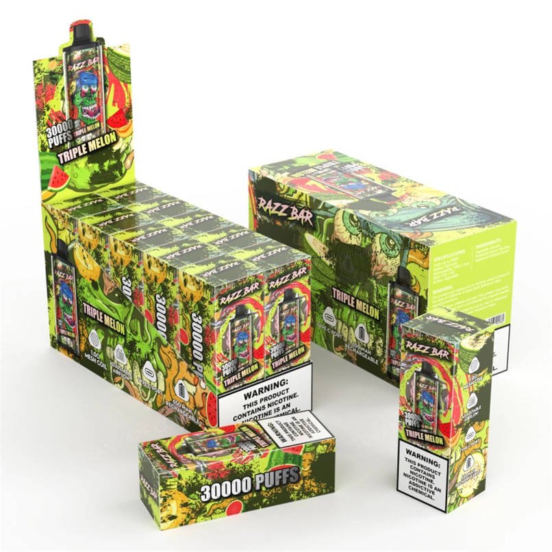 a large group of twenty razz bar 30000 triple melon vapes arranged closely together