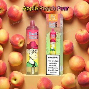 un dispositivo randm tornado 15k apple peach pear esposto accanto a mele verdi fresche, pesche mature e pere affettate