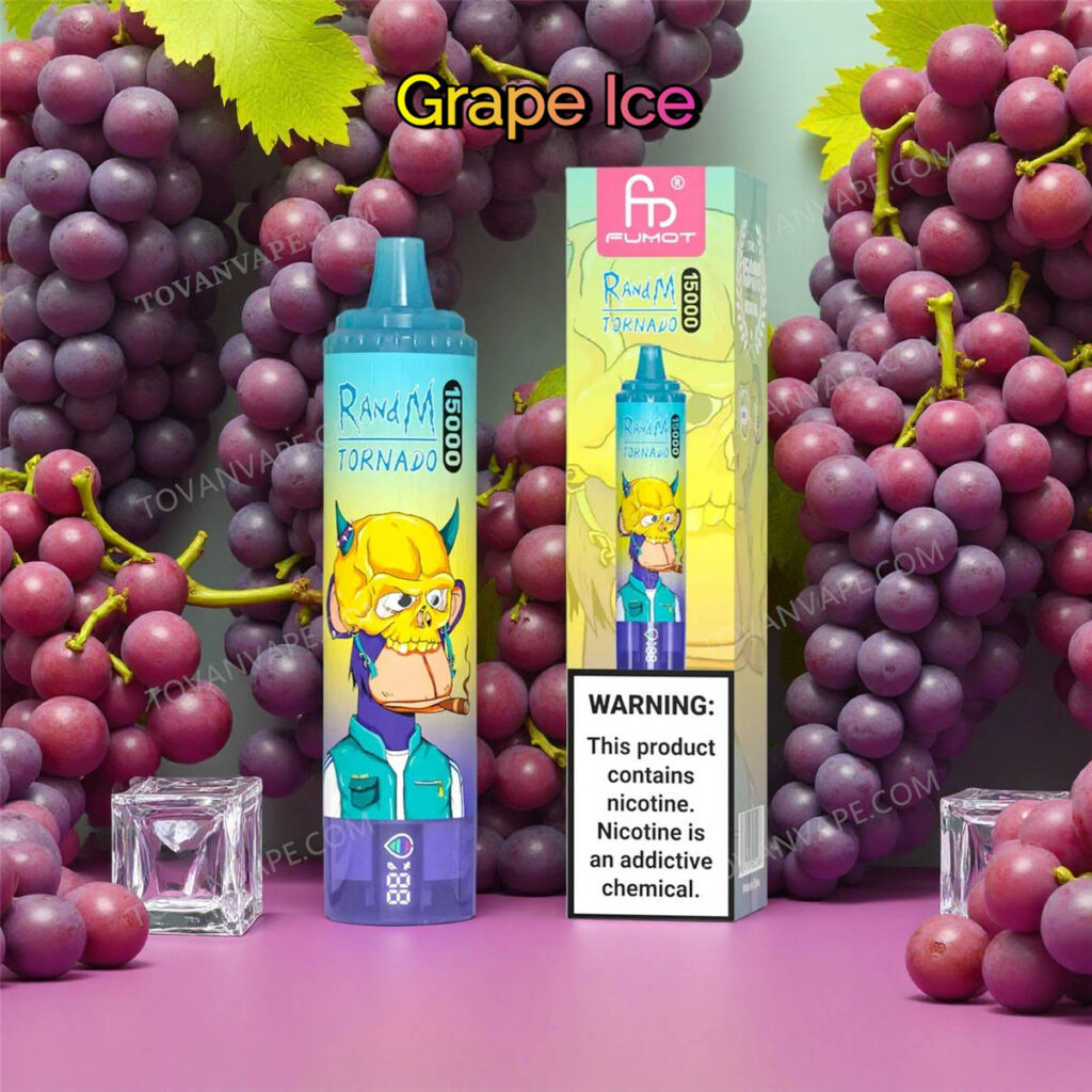 Ein Gerät vom Typ randm tornado 15k und grape ice, präsentiert neben violetten Weintrauben und durchsichtigen Eiswürfeln