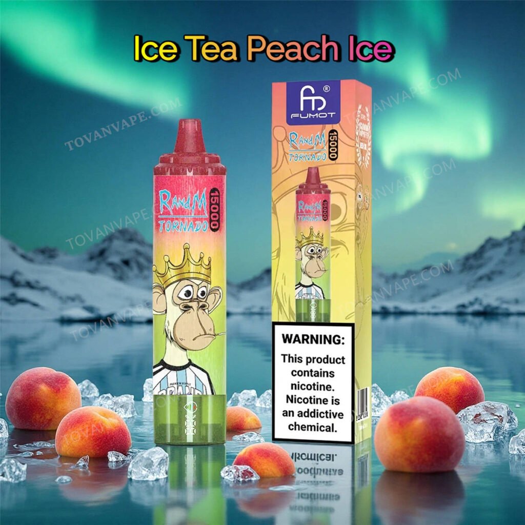 a randm tornado 15k ice tea peach ice device placed among ripe peaches, tea leaves, and ice cubes a randm tornado 15k ice tea peach ice device placed among ripe peaches, tea leaves, and ice cubes