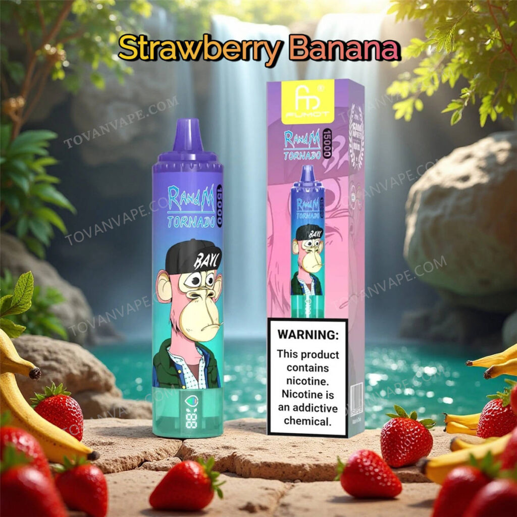 ein Gerät vom Typ randm tornado 15k und strawberry banana, dazu frische rote Erdbeeren und gelbe Bananen