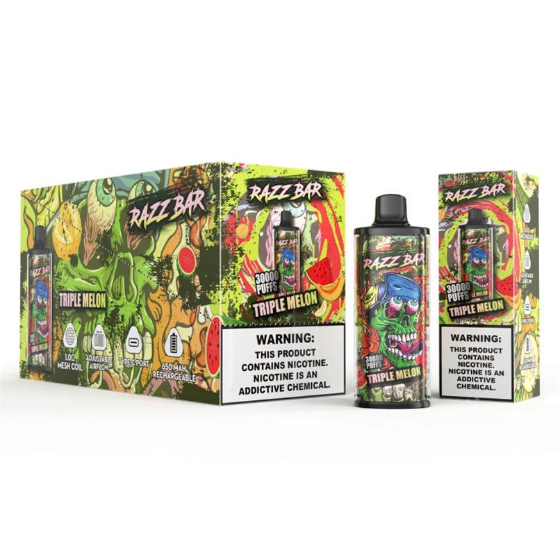 a wholesale display carton containing ten razz bar 30000 triple melon devices