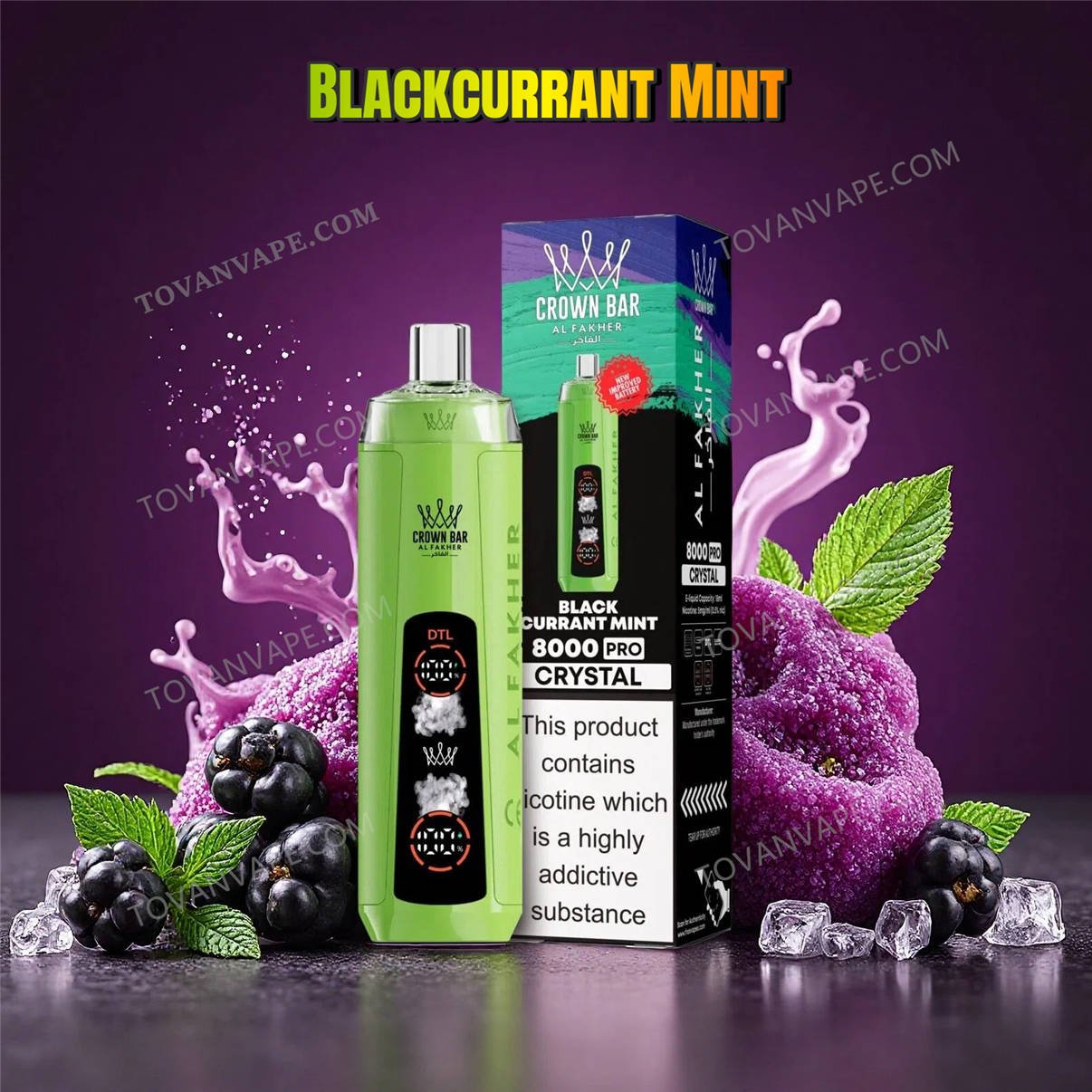 al fakher 8k crystal blackcurrant mint positioned among dark berries and fresh green mint leaves