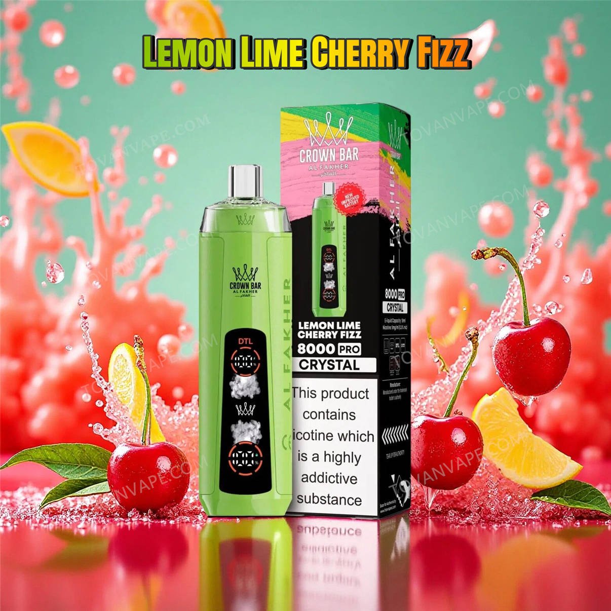 al fakher 8k crystal lemon lime cherry fizz e cigarette showcased with fresh green limes, yellow lemons, and red cherries