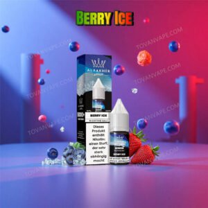 al fakher berry ice 2% e-liquid bottle surrounded by mixed berries and ice cubes
