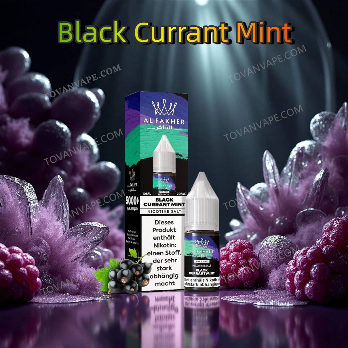 al fakher, blackcurrant mint (sal de nicotina), 2% (frasco de e-líquido) expuesto junto con fresh mint (hojas y bayas oscuras)