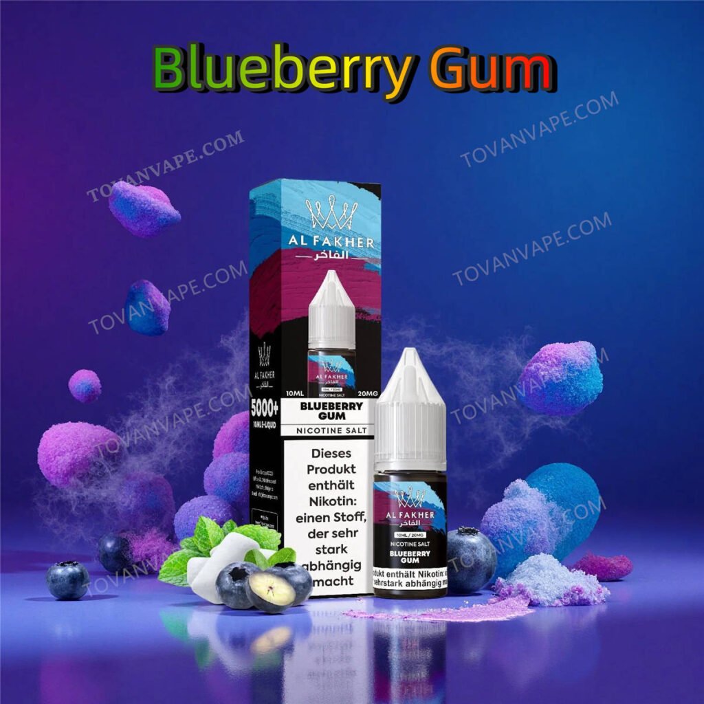 al fakher blueberry gum 10ml 2% e-liquid bottle placed among ripe sweet blueberries al fakher blueberry gum 10ml 2% e-liquid bottle placed among ripe sweet blueberries