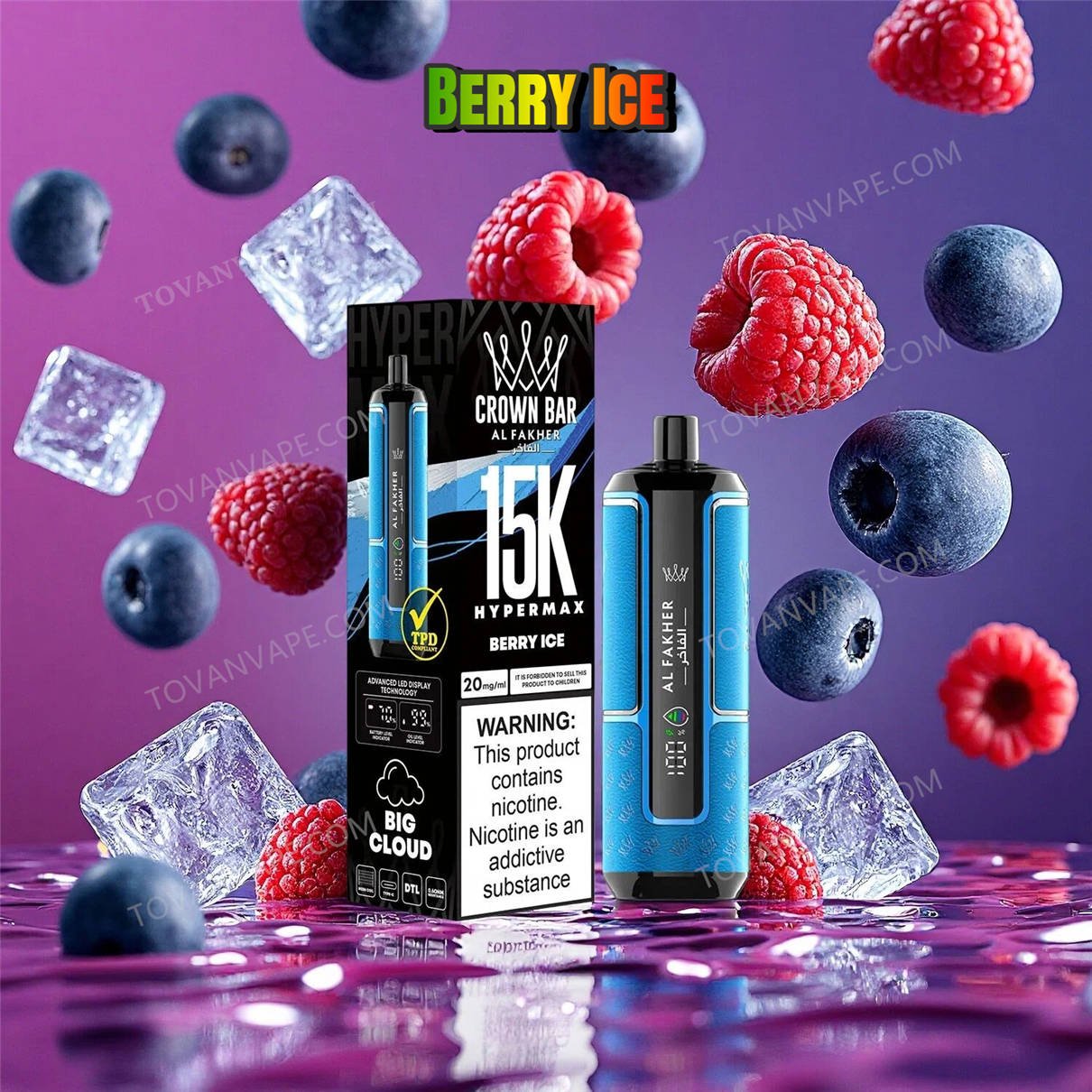 al fakher crown bar 15k hypermax berry ice surrounded by mixed fresh berries and clear ice cubes