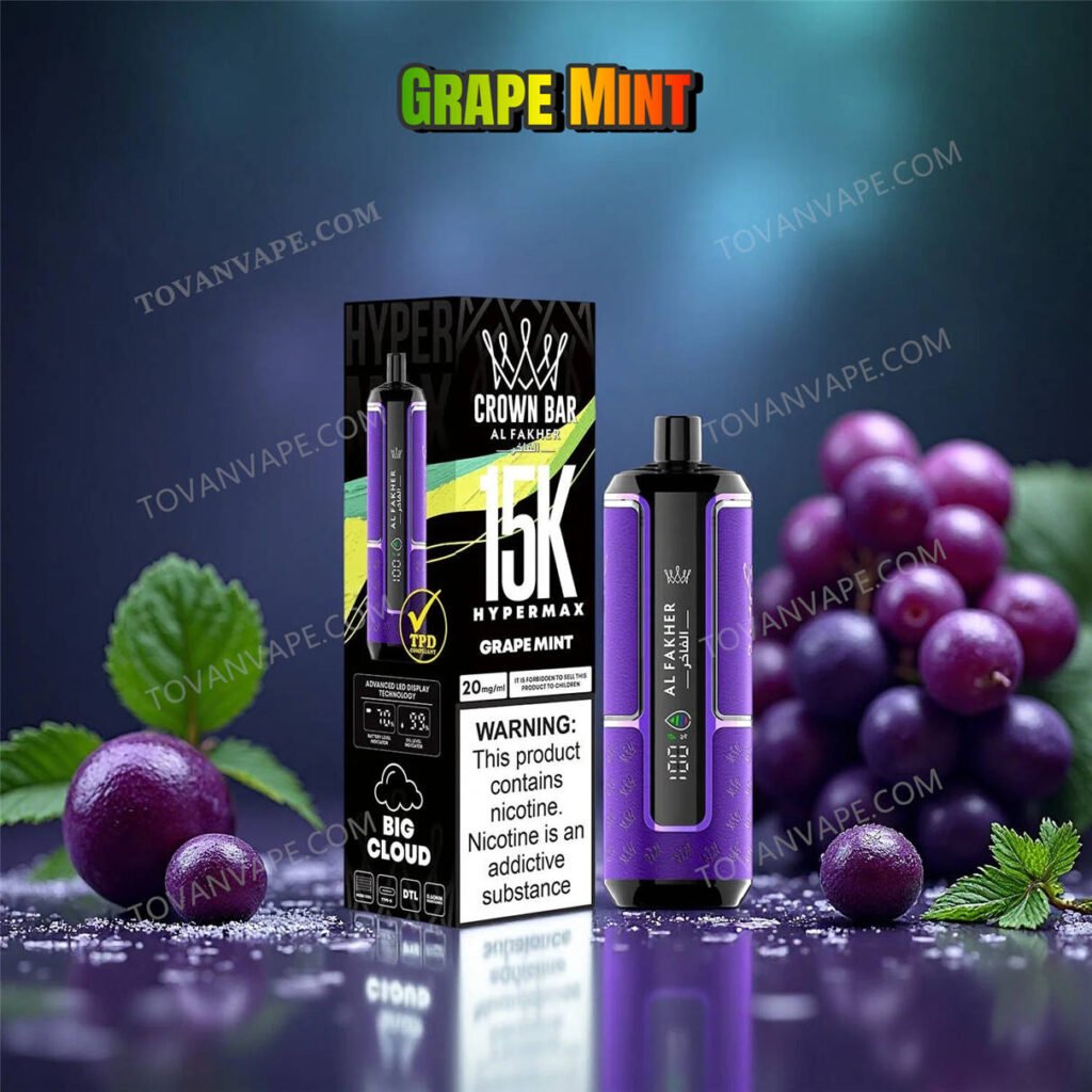 al fakher crown bar 15k hypermax grape mint resting on a surface with ripe purple grapes and fresh mint leaves al fakher crown bar 15k hypermax grape mint resting on a surface with ripe purple grapes and fresh mint leaves