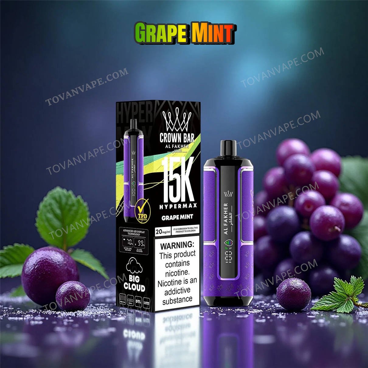 al fakher crown bar 15k hypermax grape mint resting on a surface with ripe purple grapes and fresh mint leaves