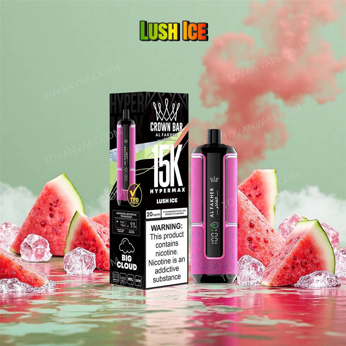 al fakher crown bar 15k hypermax lush ice, shown alongside sliced red watermelons and cold ice