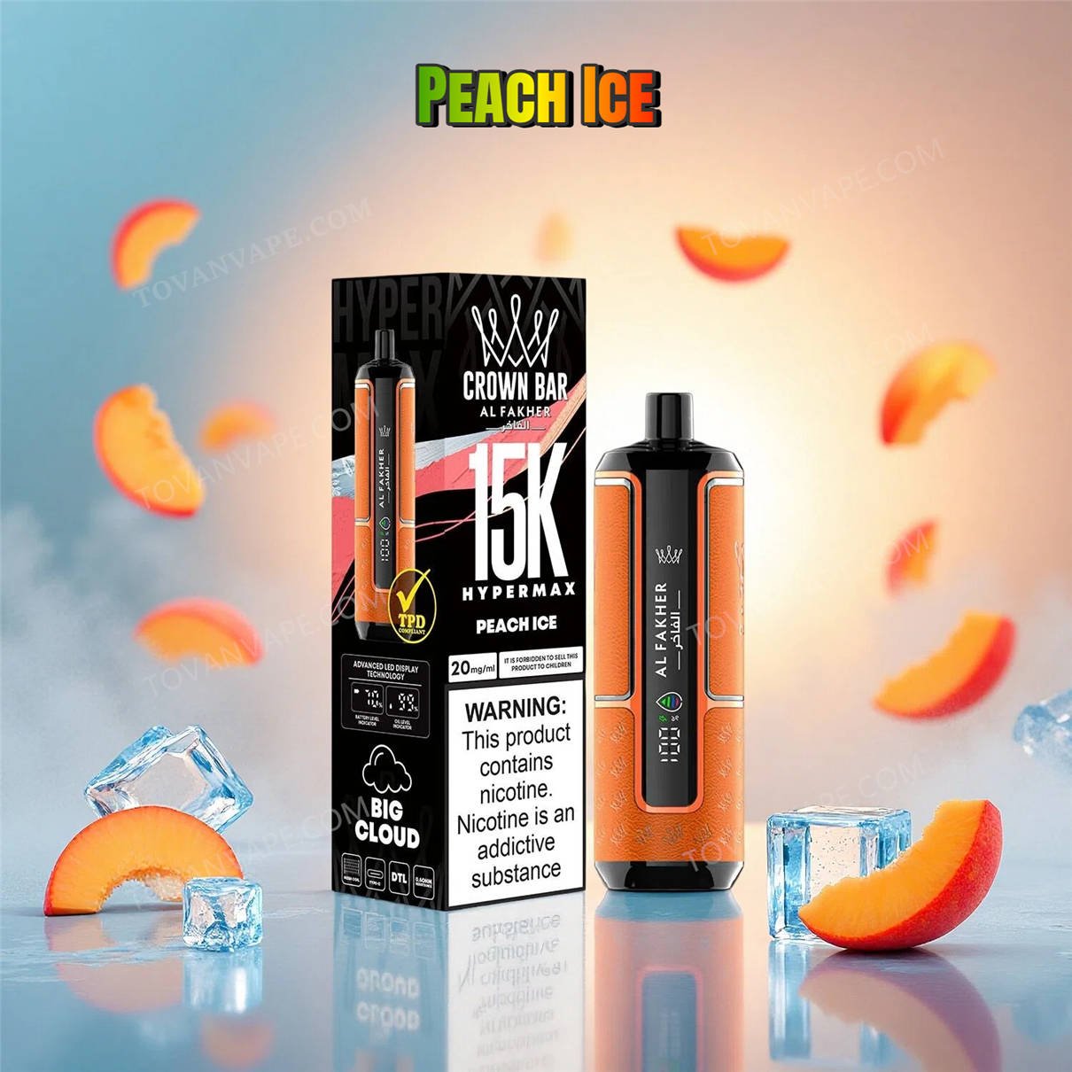 al fakher crown bar 15k hypermax peach ice e-cigarette surrounded by fresh juicy peaches and scattered ice blocks