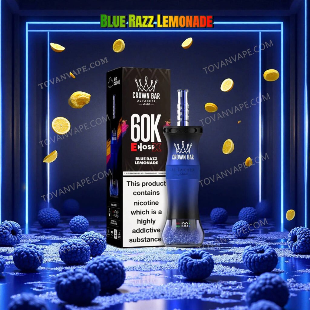 al fakher crown bar e hose x 60000 blue razz lemonade placed among lemons and blue raspberries