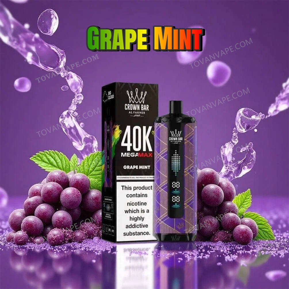 al fakher crown bar mega max 40k grape mint e cigarette displayed with fresh grapes and mint leaves al fakher crown bar mega max 40k grape mint e cigarette displayed with fresh grapes and mint leaves