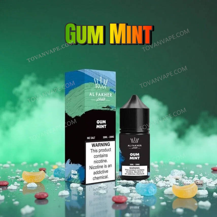 al fakher gum mint Flacone da 30 ml di liquido per sigarette elettroniche con 30 mg di sale di nicotina, circondato da foglie e gomma da masticare fresh mint