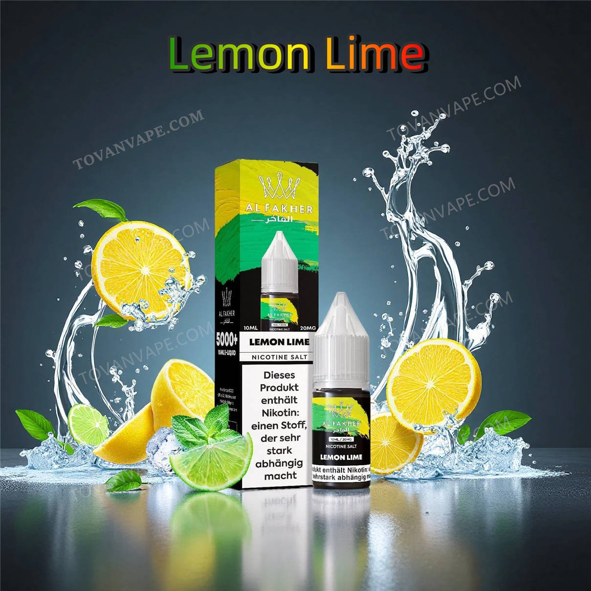 al fakher lemon lime 10 ml 2%: frasco de e-líquido entre limones amarillos frescos y limas verdes