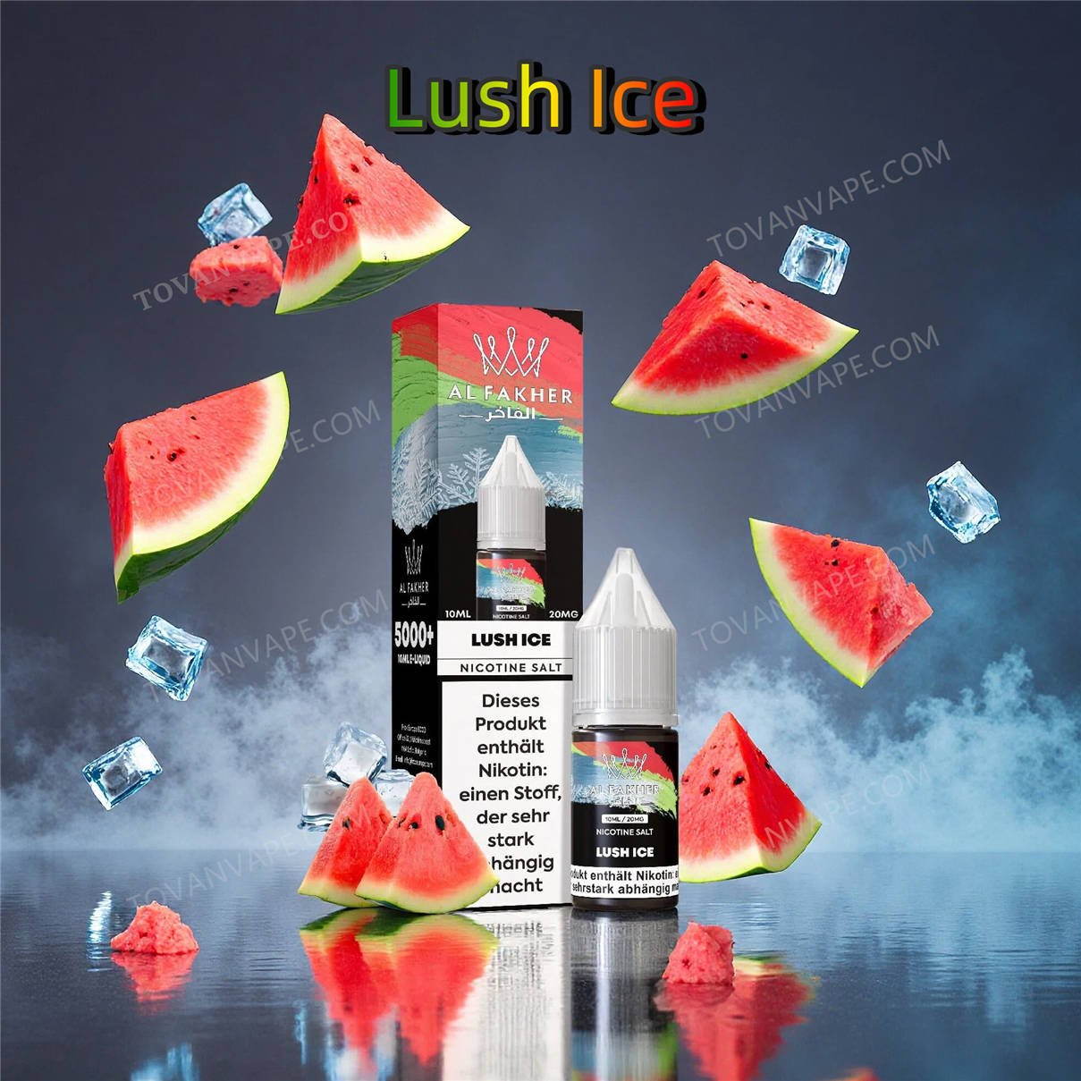 al fakher lush ice 2% Frasco de e-líquido rodeado de rodajas de sandía roja y cubitos de hielo transparentes